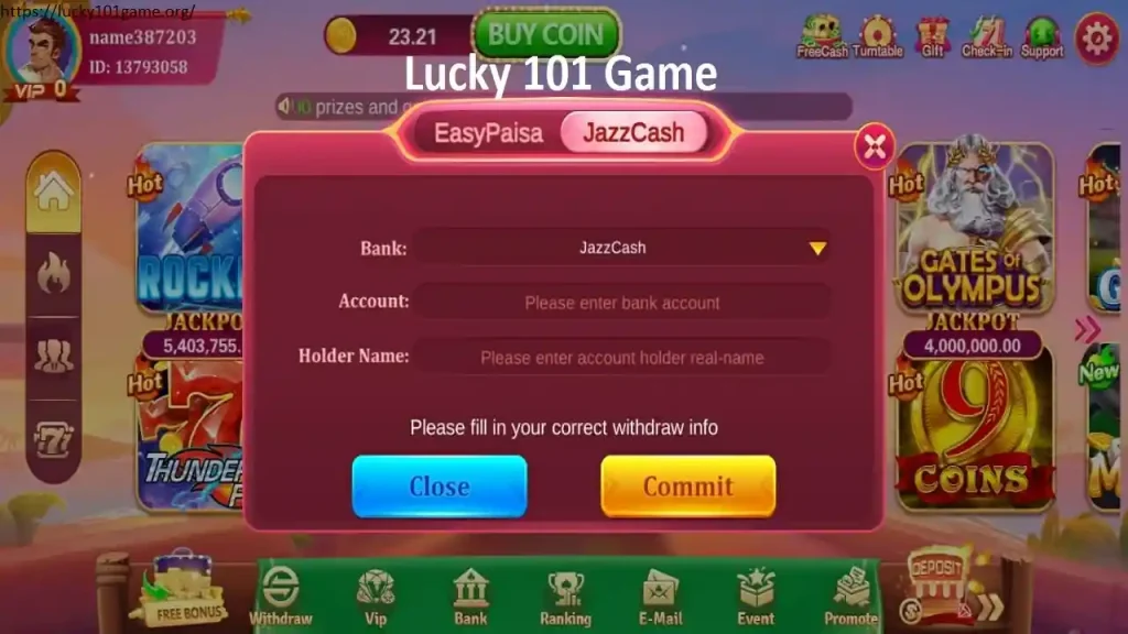 Lucky 101 Game JazzCash withdrawal